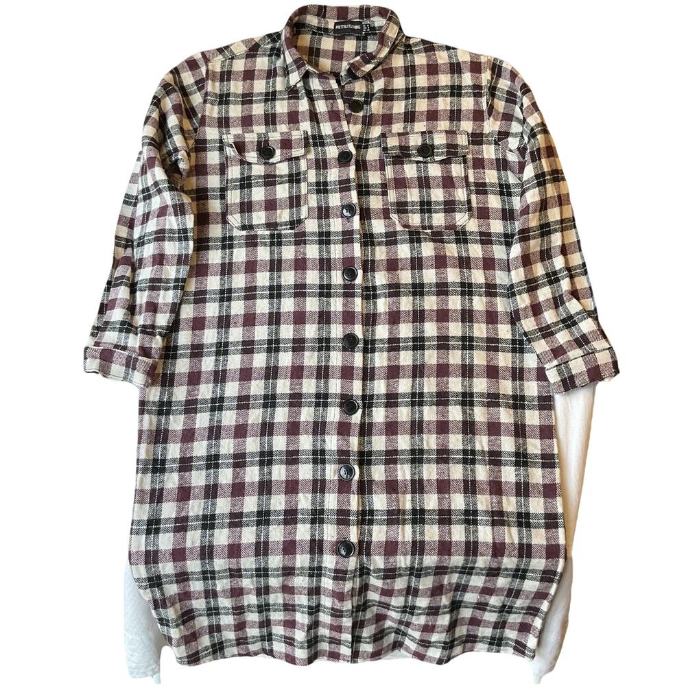 Prettylittlething Women Button Up Midi Shirt Dress US 6 Burgundy Plaid Flannel